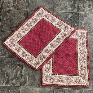 Vintage Set of Floral Border Cottagecore Maroon & Cream Quilted Pillow Shams